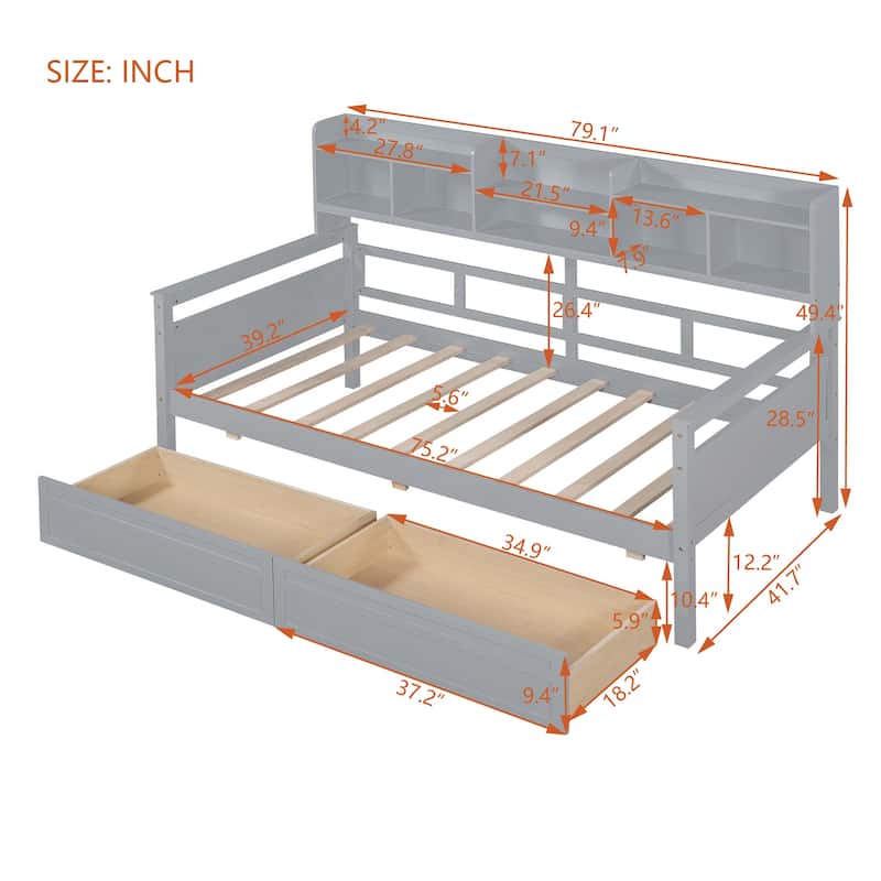 Wood Slat Support Daybed, with Bedside Shelves and Two Drawers