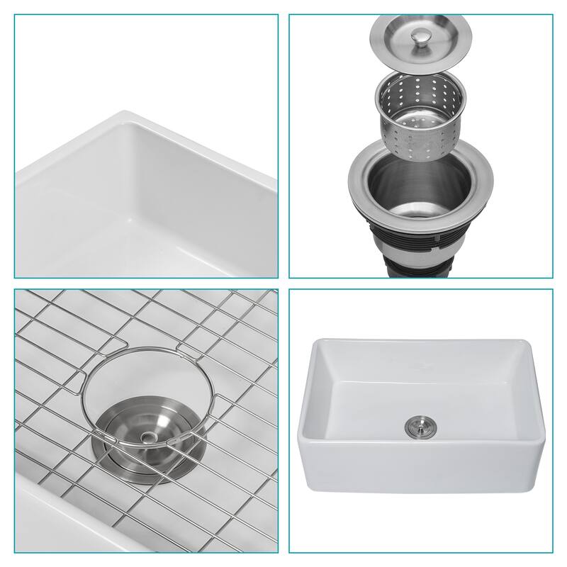 White Farmhouse Sink - 30 inch Kitchen Sink Apron-front White Ceramic Reversible Single Bowl Kitchen Farm Sinks - 30*20*10