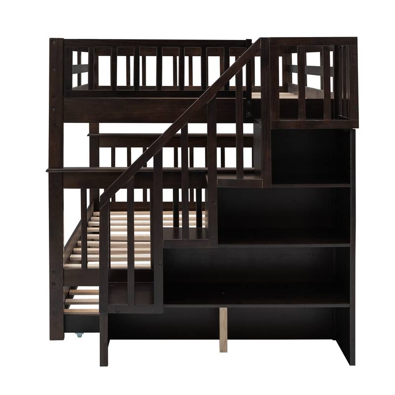 Full Over Full Bunk Bed with Stairway, Twin Size Trundle, Guard Rail and Storage