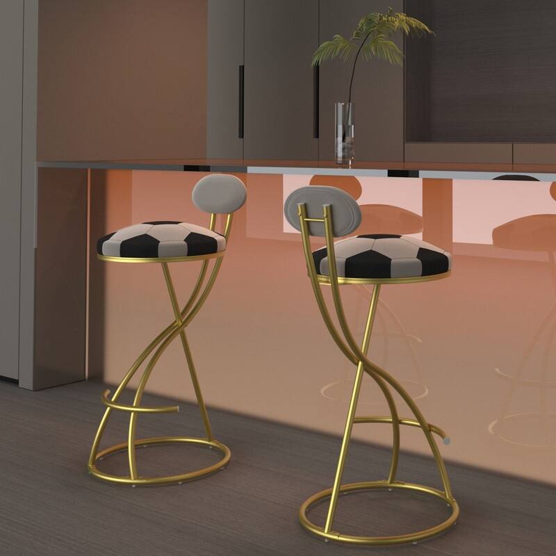 Football Print Bar Stools Set of 2 Upholstered Counter Height Barstool for Kitchen Island S-shaped Velvet Metal Dining Chairs