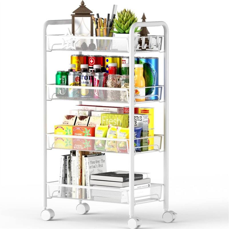 4 Tier Mesh Wire Rolling Cart - 10.2"D x 17.7"W x 33.1"H - Metal Finish - White