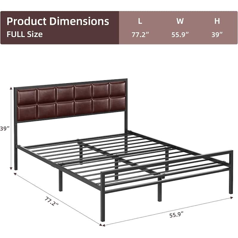 Faux Leather Platform Bed Frame with Upholstered Square Stitched Headboard