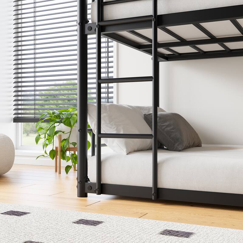 Triple Twin Bunk Beds, Twin Over Twin Over Twin Metal Bunk Bed Platform Frame, Two Attached Ladders