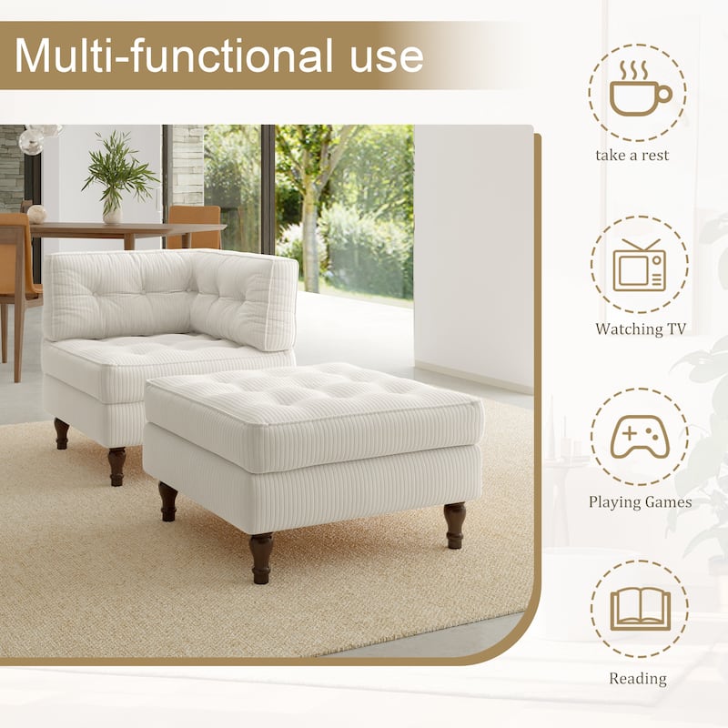 Corduroy Tufted Accent Chair Armchair and Ottoman Set