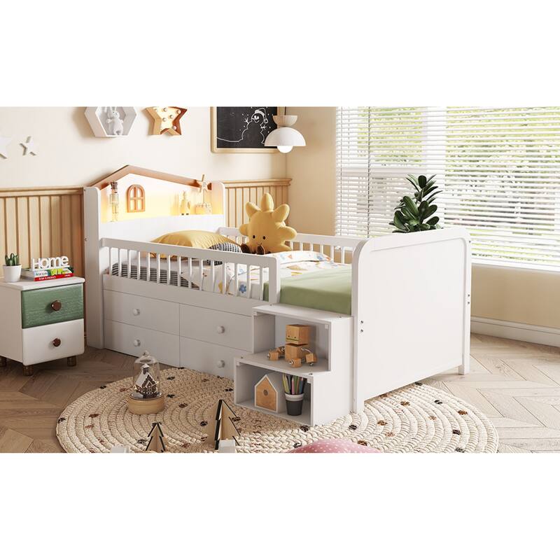 Roomfitters Twin Low Loft Platform Bed, LED House Headboard and Storage Drawers with Wooden Frame for Bedroom