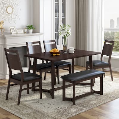 Farmhouse 6-Piece Dining Table Set with Upholstered Chairs and Bench
