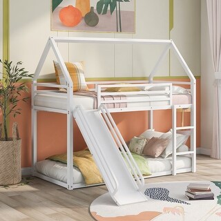White Twin Size Solid Metal House Bunk Bed with Convertible Ladder and Slide, High Guardrails