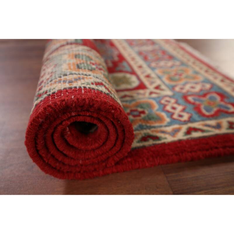 Geometric Red Kazak Accent Rug Handmade Red Wool Carpet - 2'9" x 4'1"
