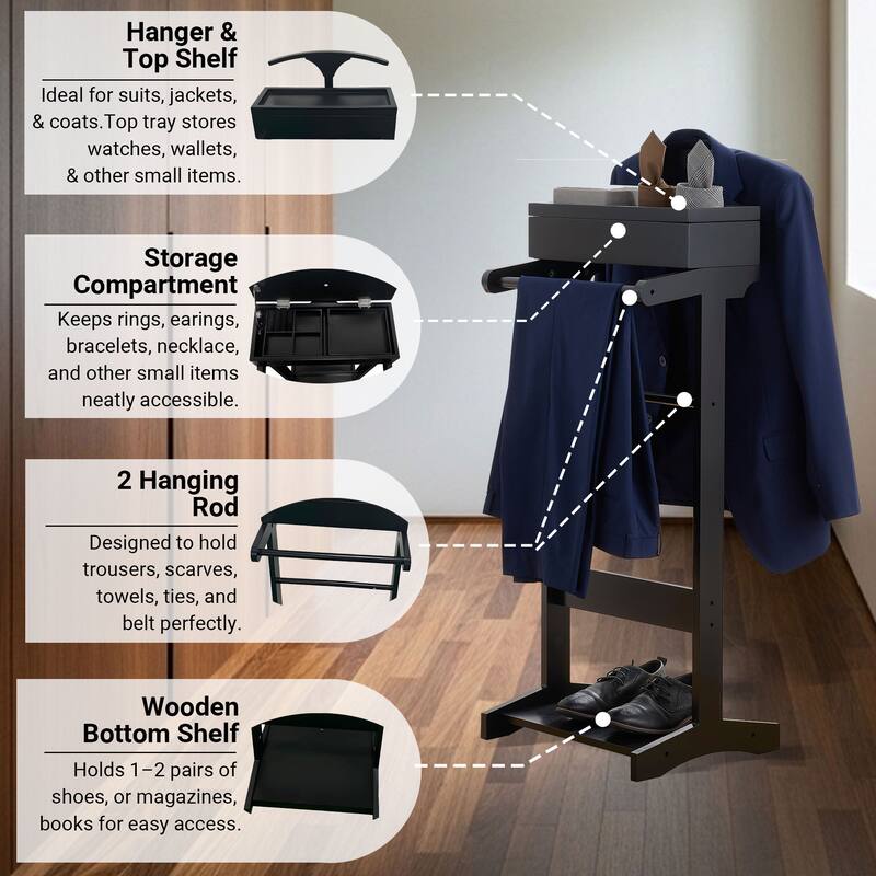 Mavy Wood Valet Stand with Tray and Shoe Shelf Organizer - 18"L x 16"D x 44"H