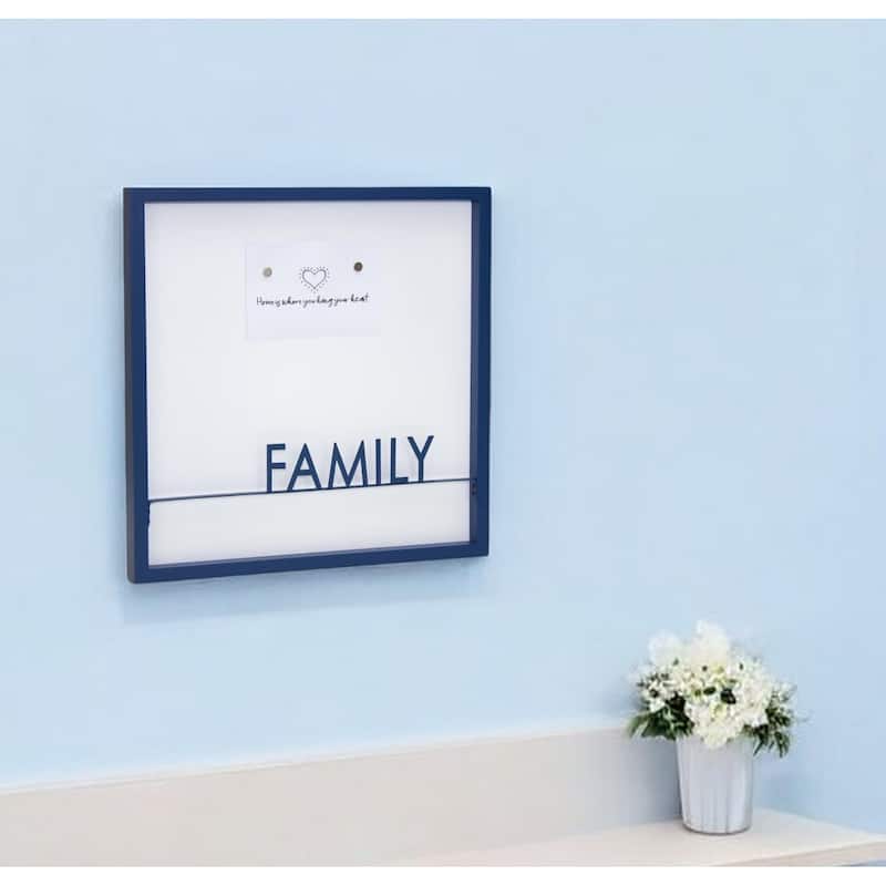 HomeRoots 16" X 16" Blue And White Family Wood and Metal Square Magnetic Memo Board - White/Blue - 15.75 in. x 15.75 in.  x 1.25 in.