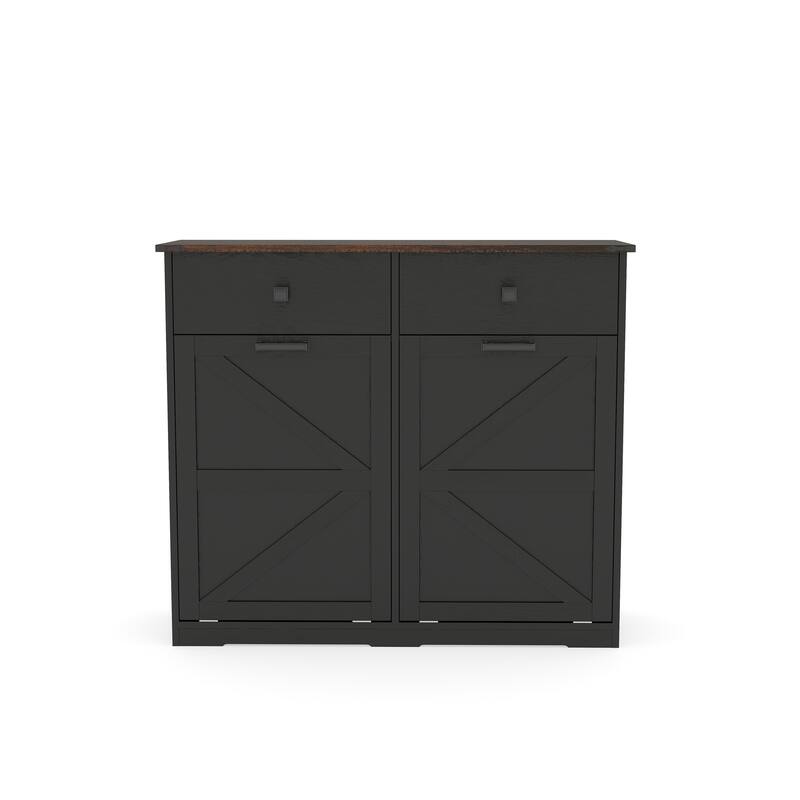 Tilt Out Trash Cabinet, Freestanding Wooden Trash Recycling Cabinet, Hidden Dual Laundry Cabinets with 2 Drawers & 2 Baskets