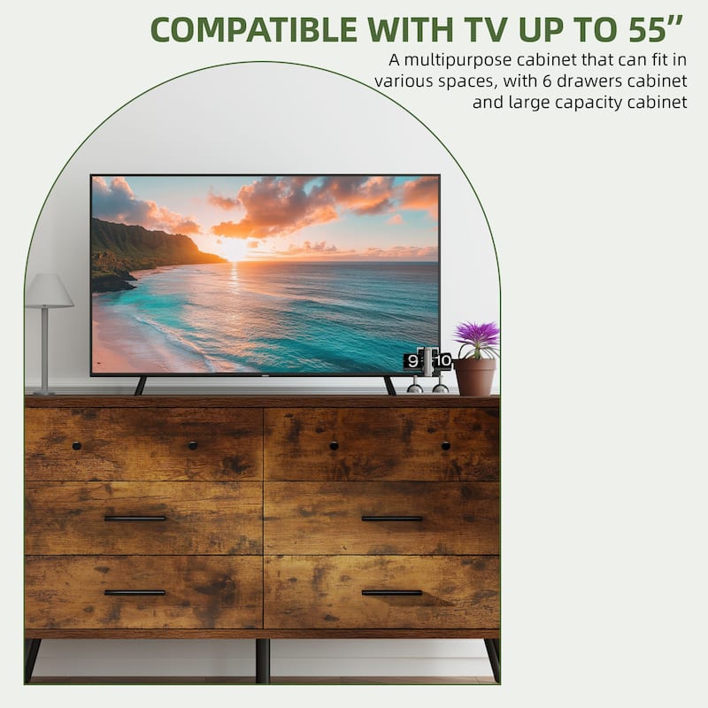 Rustic TV Stand for 65" TV, Entertainment Center with 6 Storage Drawers
