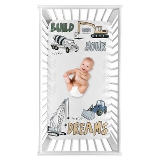Construction Truck Collection Boy Photo Op Fitted Crib Sheet - Grey Yellow Black Blue and Green Transportation Chevron Arrow