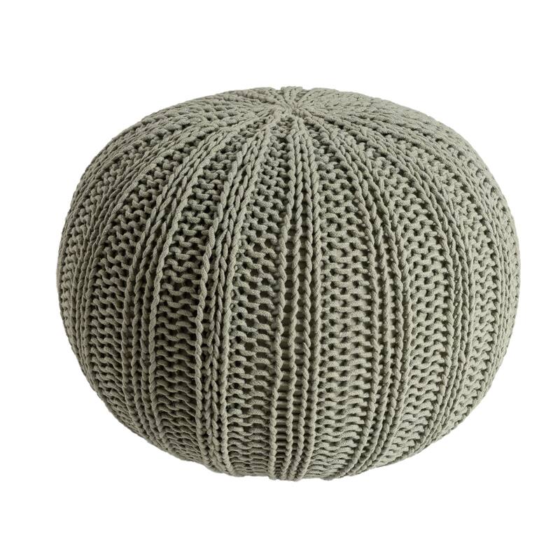 HomeRoots 20" Green Cotton Cable Knit Round Pouf Ottoman