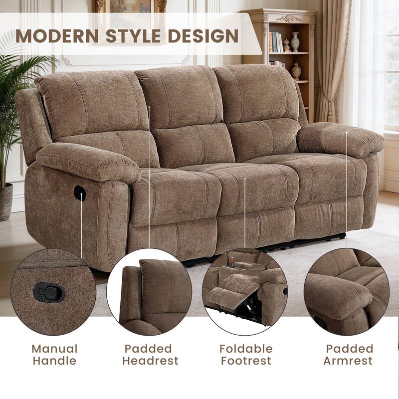 3PC Modern Fabric Manual Recliner Sofa Set, Couch, Loveseat w/Console, Recliner