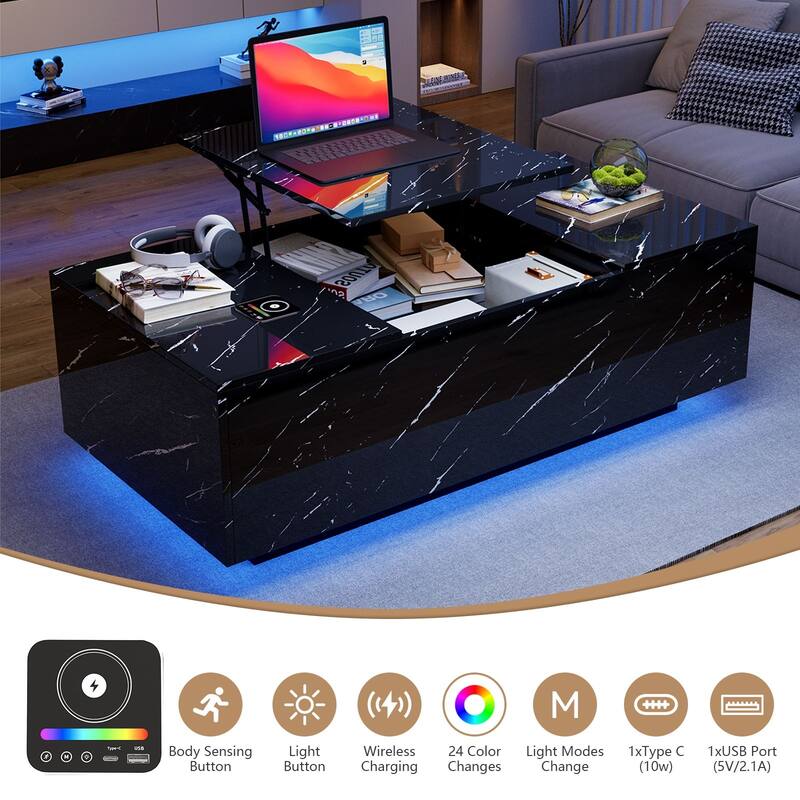 47.2" LED Lift Top Coffee Table with Wireless Charging & Bluetooth Speaker, Smart Storage Drawer, RGB Lights