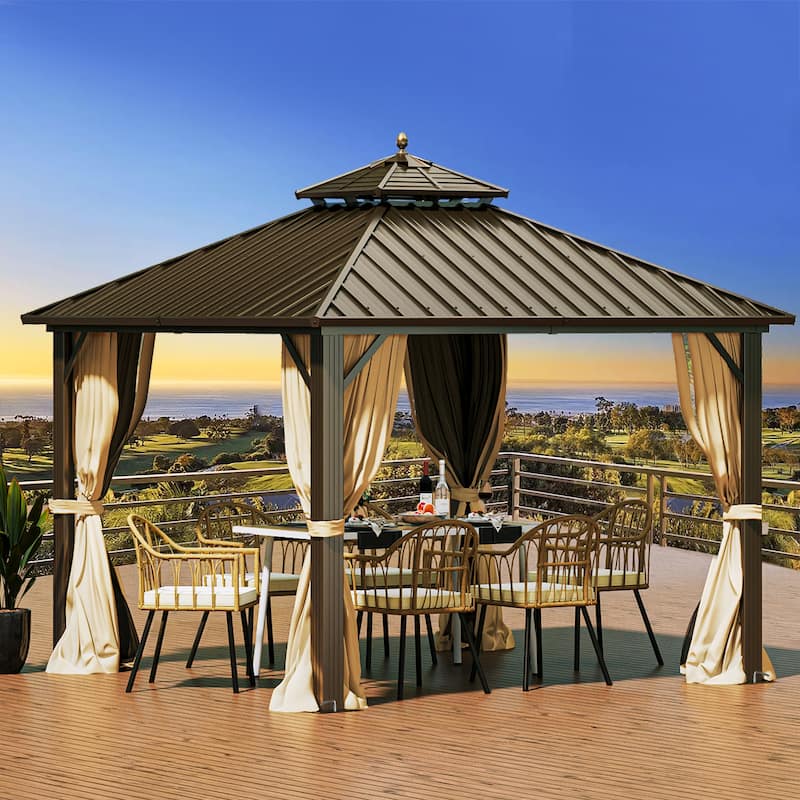 Outdoor Aluminum Hardtop Gazebo With Nettings And Curtains