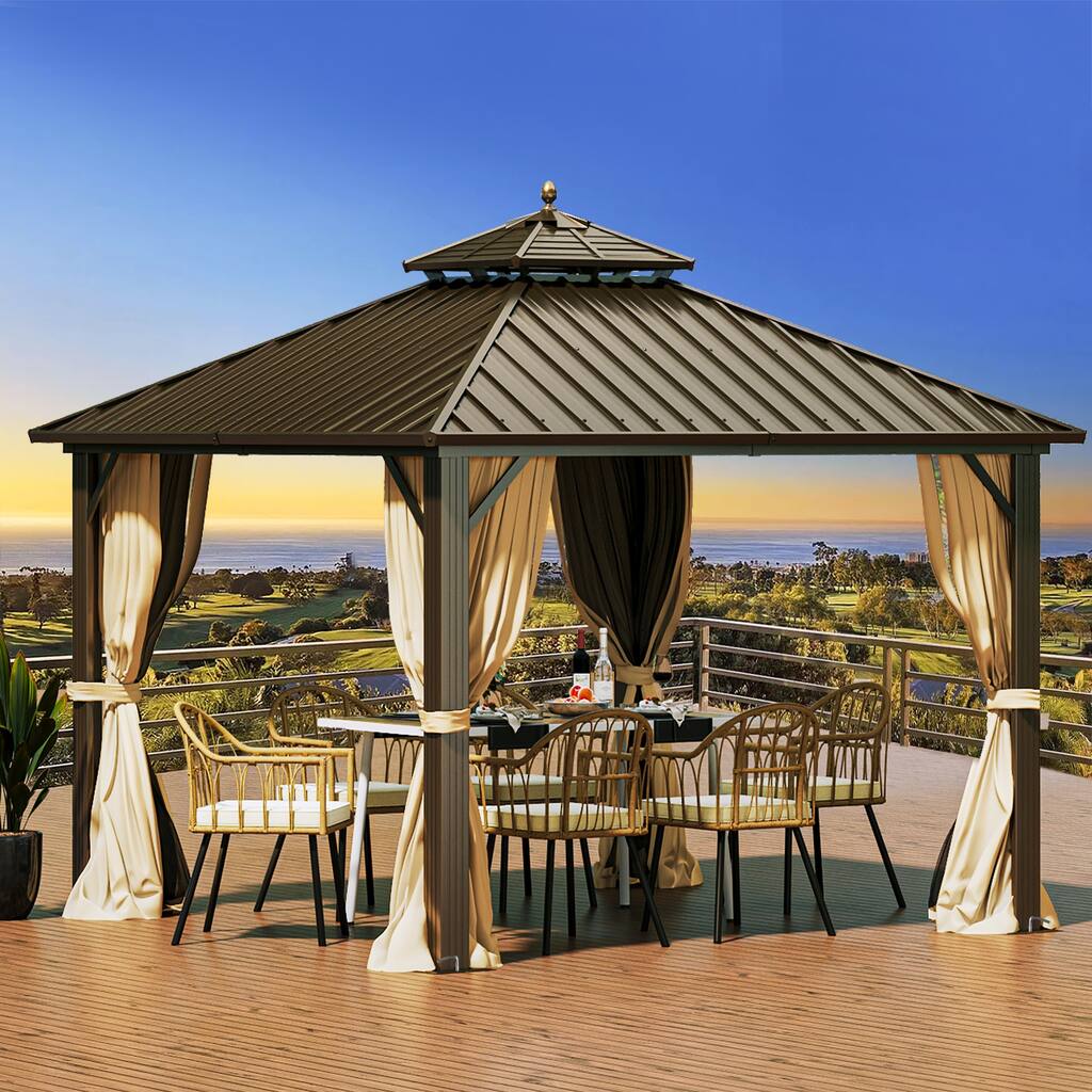 Outdoor Aluminum Hardtop Gazebo With Nettings And Curtains