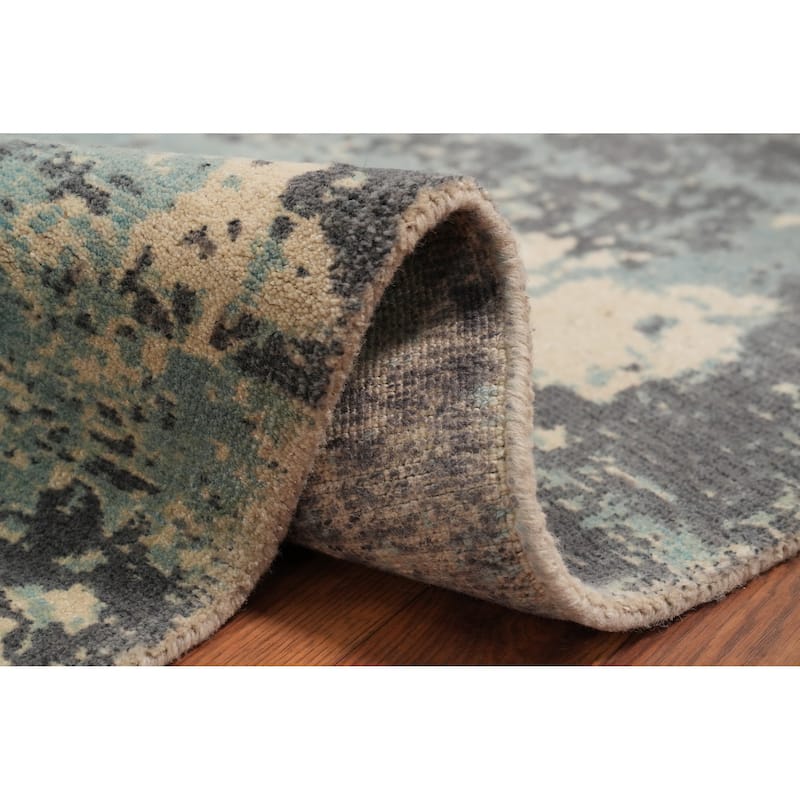 Hand Knotted Oriental Viscose Silk Carpet Modern Abstract Navy Blue & Blues Abstract Area Rug - 8' 1'' X 5' 1''