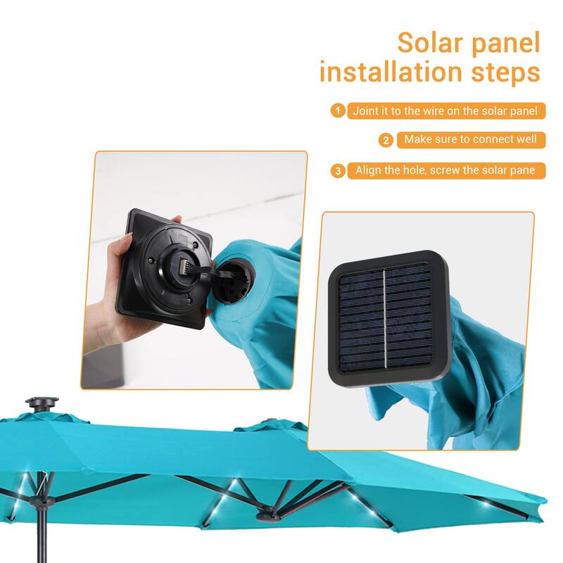 LIVOOSUN 13 x 7.2ft Large LED Double-Sided Rectangular Outdoor Patio Market Umbrella with Crank, Solar Panel, Navy Blue