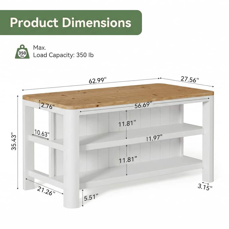 63 Inch Solid Wood Kitchen Island Table with Storage Shelves