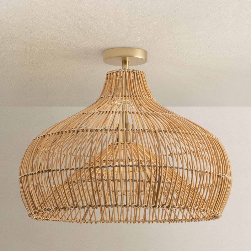 Oceania Rattan Flush Mount Rattan Natural Cone Handwoven Dimmable Ceiling Light for Bedroom or Hallway in Farmhouse, Boho Style