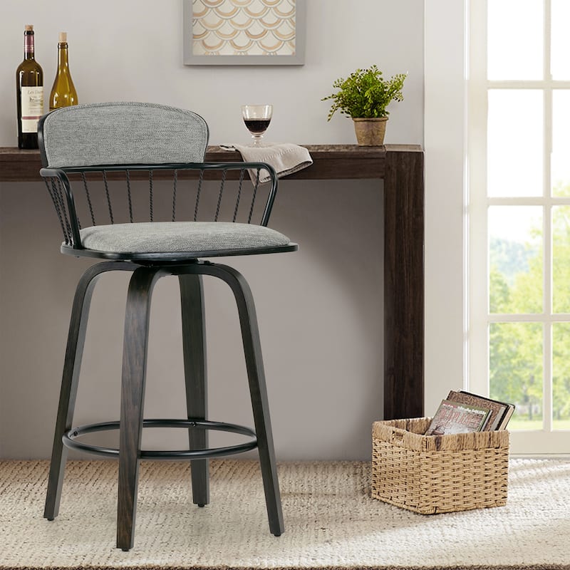 Set of 2 Baker Gray Fabric Counter Stool with Black Iron Back and Wood Legs