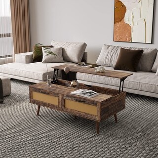 Modern Lift Top Rattan Coffee Table with 2 Storage Drawers - Retro ...