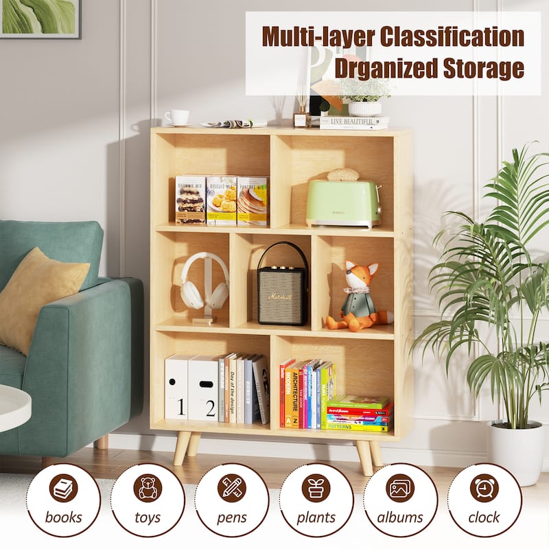 7 Cube Bookshelf, 3 Tier Storage Bookcase with Legs