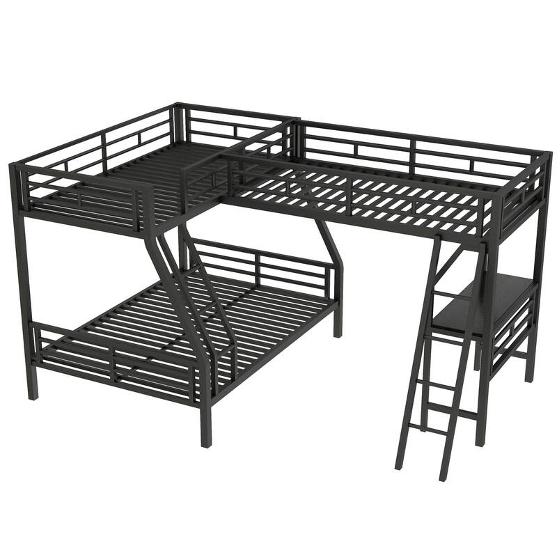 Roomfitters Twin Over Full Bunk Bed with Attached Twin Loft and Desk, Space-Saving Metal Frame for Bedroom, Black