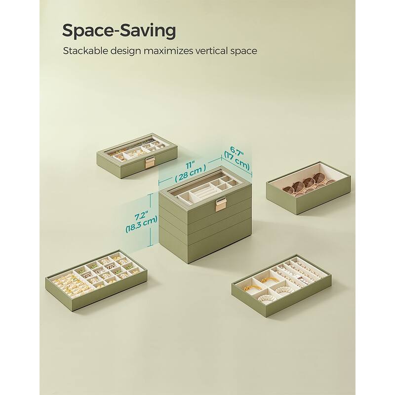 Multi-Layer Jewelry Storage Box with Stackable Trays and Soft Velvet Interior Protection and Glass Lid