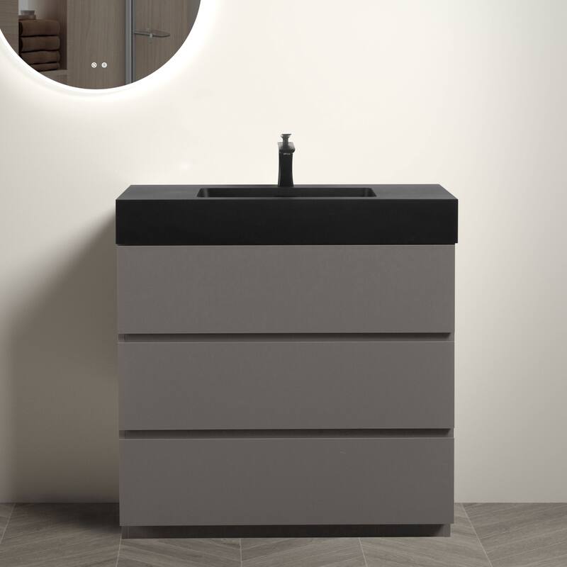 GDFStudio - Alice Walnut Freestanding Bathroom Vanity with One-Piece Matte Black Sink, Modern Handle-Free Design, Pre-Assembled - 36" - Black+ Gray