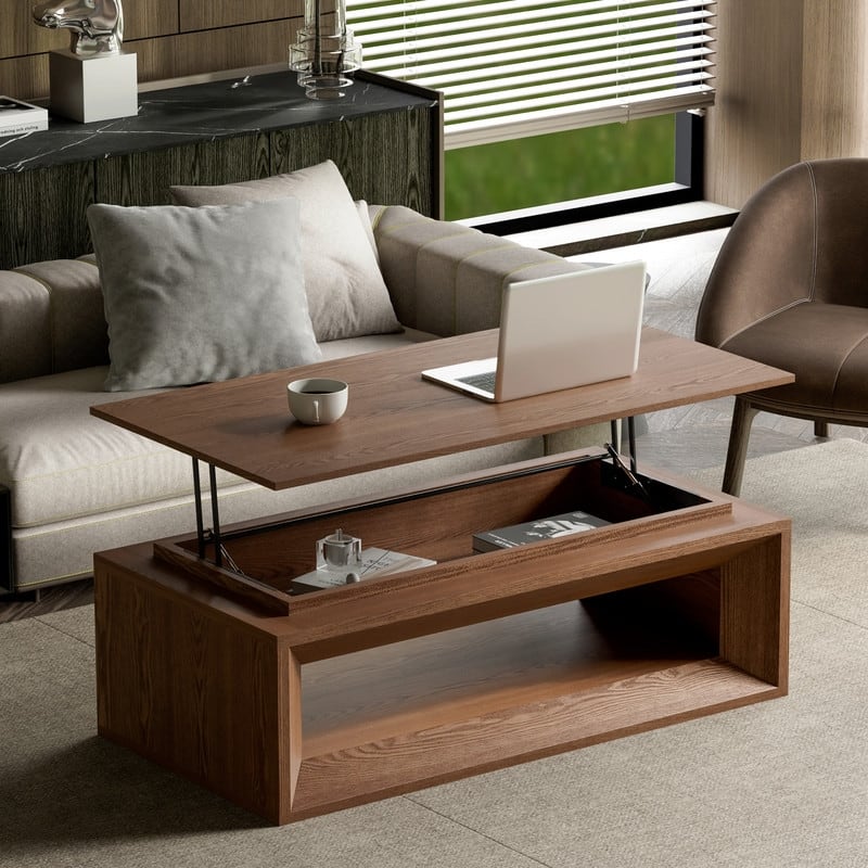 43.3" Lift-Top Coffee Table, Solid Wood Veneer Modern Accent Table with Storage and Adjustable Height