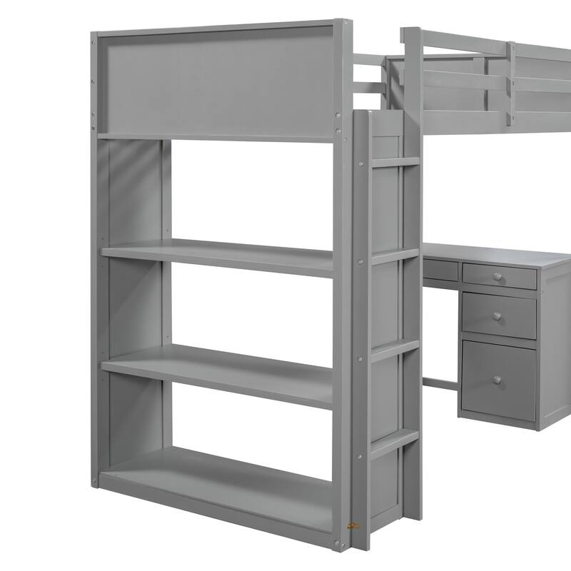 Twin Size Loft Bed with Ladder, Shelves, Solid Wood Loft Bed Frame with 4-Drawers Desk, Box Spring No Required