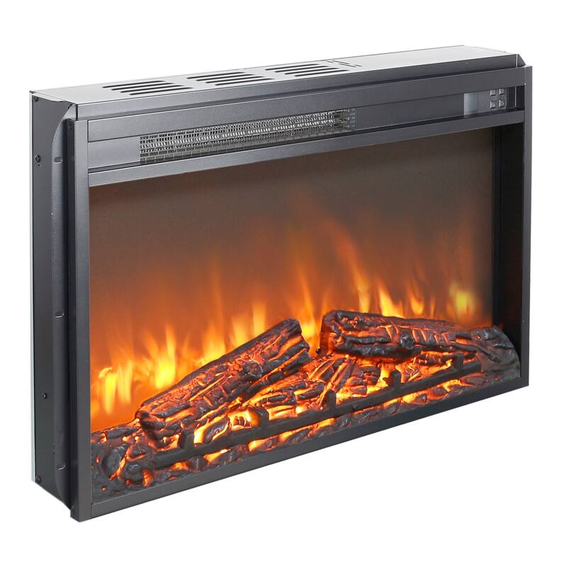 26" Black Ultra-thin Timing Electric Fireplace Insert with Log set, Overheating protection