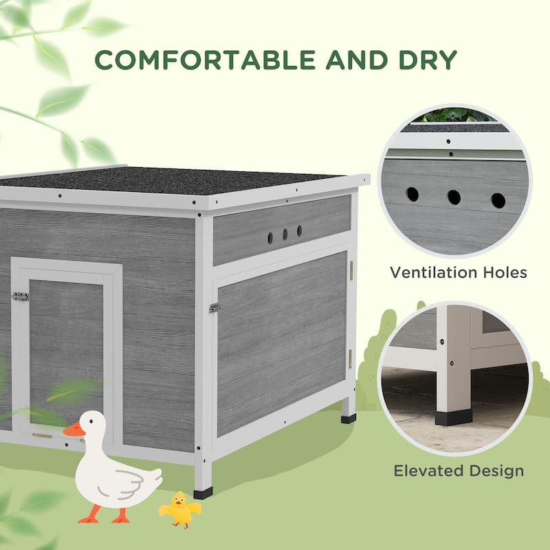 PawHut Duck Coop, Wooden Rabbit Hutch with Openable Roof, Removable Floor, Double Doors, Ramp, Weatherproof Pet House,