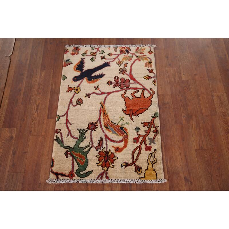 Animals Design Ziegler Oriental Accent Rug Hand-Knotted Wool Carpet - 2'0" x 2'10"
