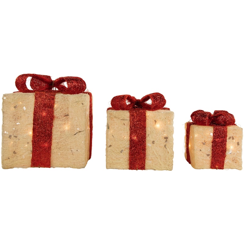 Set of 3 Lighted Cream Gift Boxes Outdoor Christmas Decorations 10"