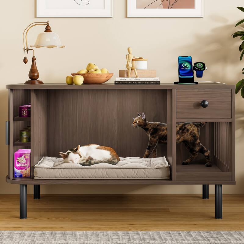 37.4" Cat Litter Box Enclosure with Sliding Door, Hidden Litter Box Enclosure Furniture with Storage Drawer and Charging Statio