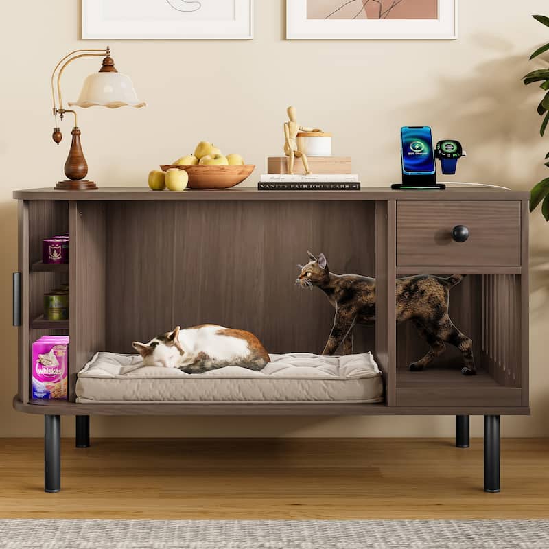 Anmytek Inch Cat Litter Box Enclosure Sliding Door Storage Drawer Charging Station Brown Modern