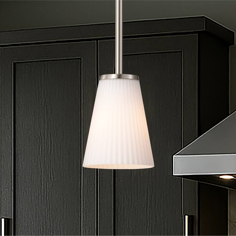 Royale Mini Pendant Brushed Nickel Finish Ribbed White Glass - Brushed Nickel