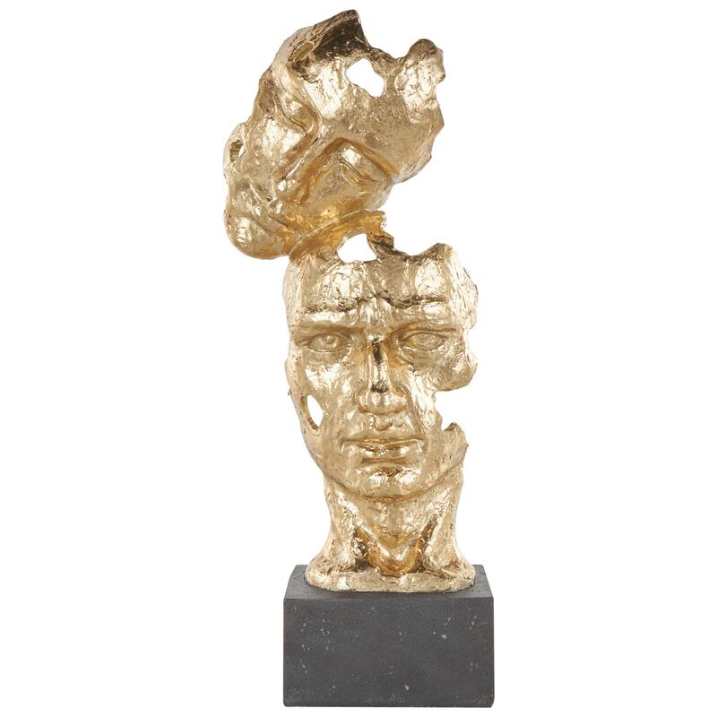 Gold Polystone Stacked Face Cutout Mask Sculpture with Black Block Base