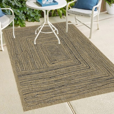 Indoor/Outdoor Area Rug/ Runner/ Doormat- Natural & Black & Blue Color -Machine Washable, Weather and UV Resistant, Waterproof