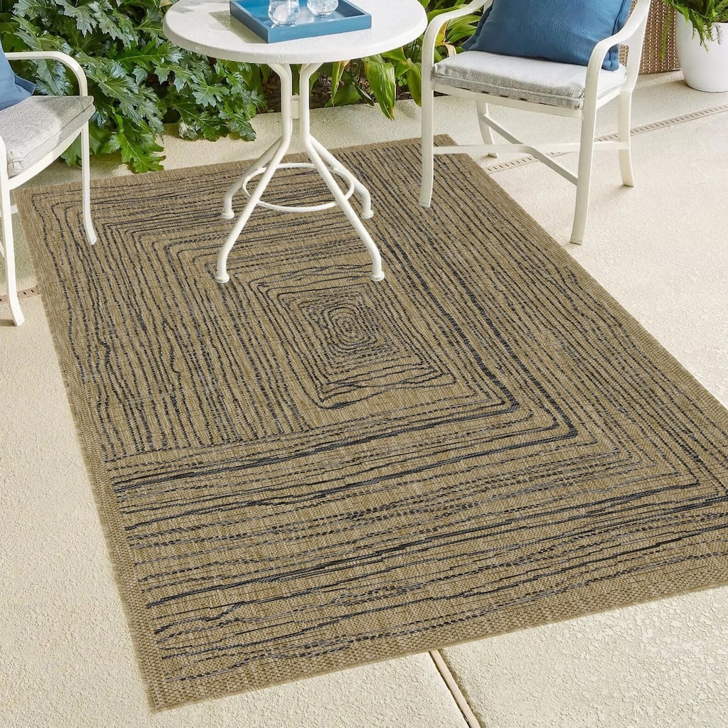Indoor/Outdoor Area Rug/ Runner/ Doormat- Natural & Black & Blue Color -Machine Washable, Weather and UV Resistant, Waterproof