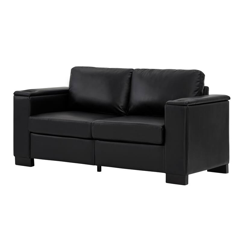 67.7" Modern Style Loveseat Faux Leather Couch,Square Arm Sofa With Cup Holder,Storage Sofa,Upholstered PU Leather