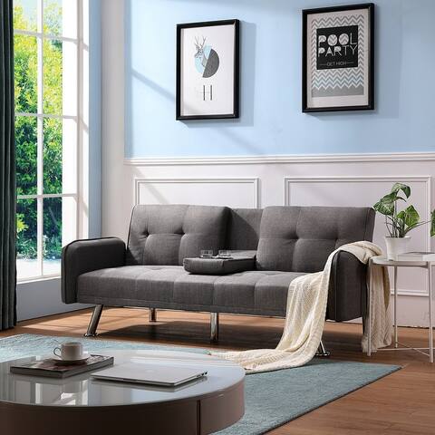 Toswin Sectional Linen Upholstered Sofa Living Room Furniture Convertible Futon Sleeper with Adjustable Back & 2 Cup Holders