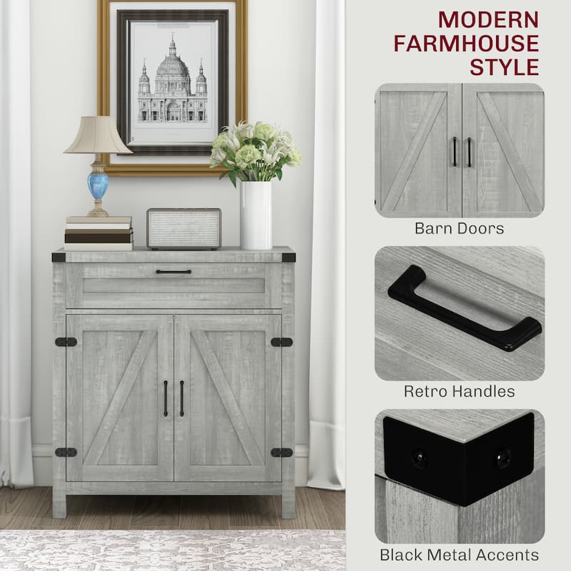 Sideboard Buffet Cabinet with Storage Drawer, Modern Farmhouse Kitchen Cabinet with 2 Barn Doors, Coffee Bar Cabinet, Gray
