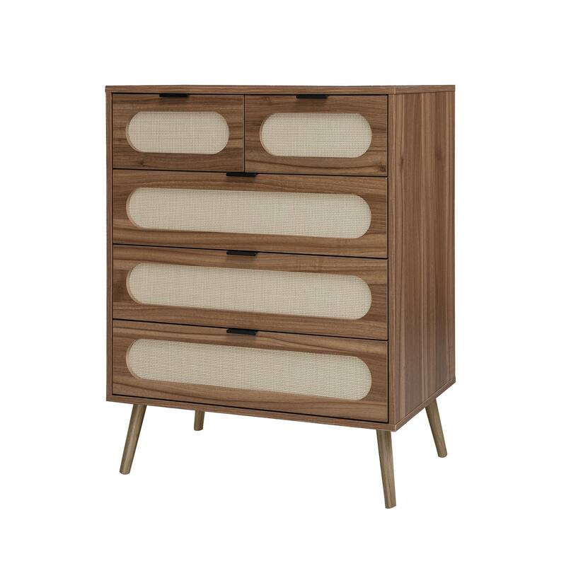 Roomfitters Mid Century 5 Drawer Storage Cabinet, Accent Chest with Rattan Fronts for Bedroom, Walnut