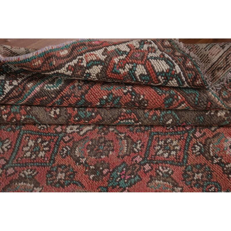 Geometric Pink Hamedan Persian Vintage Rug Hand-Knotted Wool Carpet - 6'7"x 9'7"