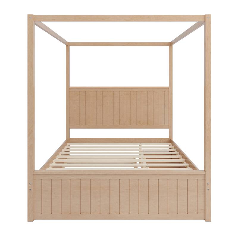 Modern Canopy Platform Bed with Trundle and Three Storage Drawers,4-Post Solid Wood Bed Frame with Headboard - Natural